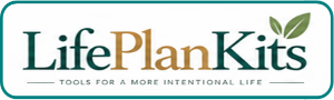 Life Plan Kits footer logo in teal and gold with green leaf detail