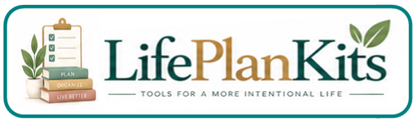 Life Plan Kits logo with green leaf accent in teal and gold lettering